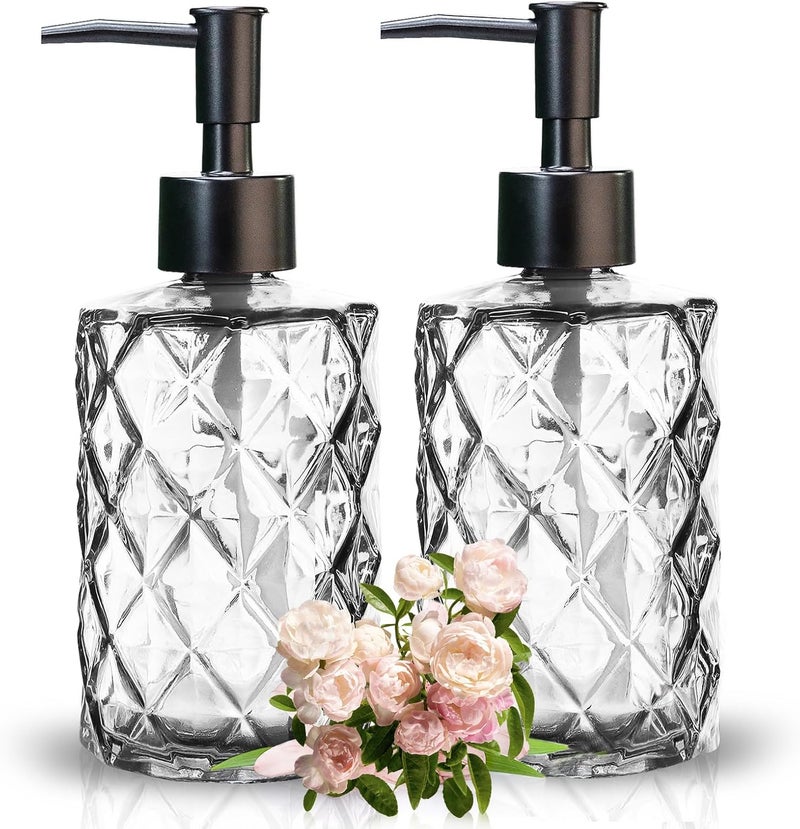 Ulable 2Pcs Clear Glass Soap Dispenser with Pump, 11oz Diamond Design Refillable Soap Dispenser for Hand Wash, Dish Wash for Dishwashing Liquid, Lotions, Essential Oil - Image 1